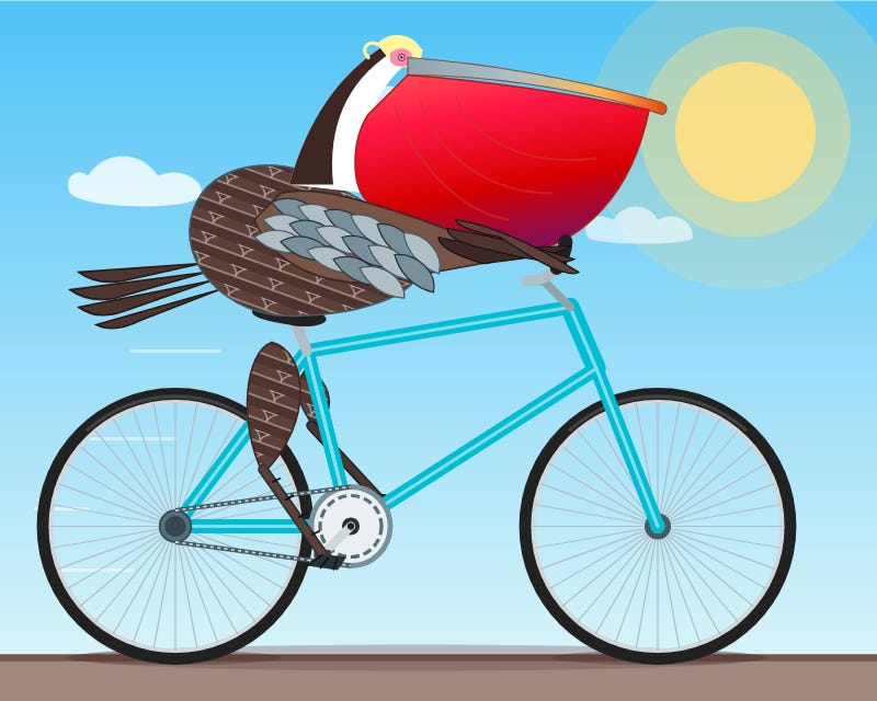 Also described by Gemini 3 Deep Think: A highly detailed, vibrant, and stylized vector illustration of a whimsical bird resembling a mix between a pelican and a frigatebird enthusiastically riding a bright cyan bicycle from left to right across a flat tan and brown surface. The bird leans horizontally over the frame in an aerodynamic racing posture, with thin, dark brown wing-like arms reaching forward to grip the silver handlebars and a single thick brown leg, patterned with white V-shapes, stretching down to press on a black pedal. The bird's most prominent and striking feature is an enormous, vividly bright red, inflated throat pouch hanging beneath a long, straight grey upper beak that ends in a small orange hook. Its head is mostly white with a small pink patch surrounding the eye, a dark brown stripe running down the back of its neck, and a distinctive curly pale yellow crest on the very top. The bird's round, dark brown body shares the same repeating white V-shaped feather pattern as its leg and is accented by a folded wing resting on its side, made up of cleanly layered light blue and grey feathers. A tail composed of four stiff, straight dark brown feathers extends directly backward. Thin white horizontal speed lines trail behind the back wheel and the bird's tail, emphasizing swift forward motion. The bicycle features a classic diamond frame, large wheels with thin black tires, grey rims, and detailed silver spokes, along with a clearly visible front chainring, silver chain, and rear cog. The whimsical scene is set against a clear light blue sky featuring two small, fluffy white clouds on the left and a large, pale yellow sun in the upper right corner that radiates soft, concentric, semi-transparent pastel green and yellow halos. A solid, darker brown shadow is cast directly beneath the bicycle's wheels on the minimalist two-toned brown ground.
