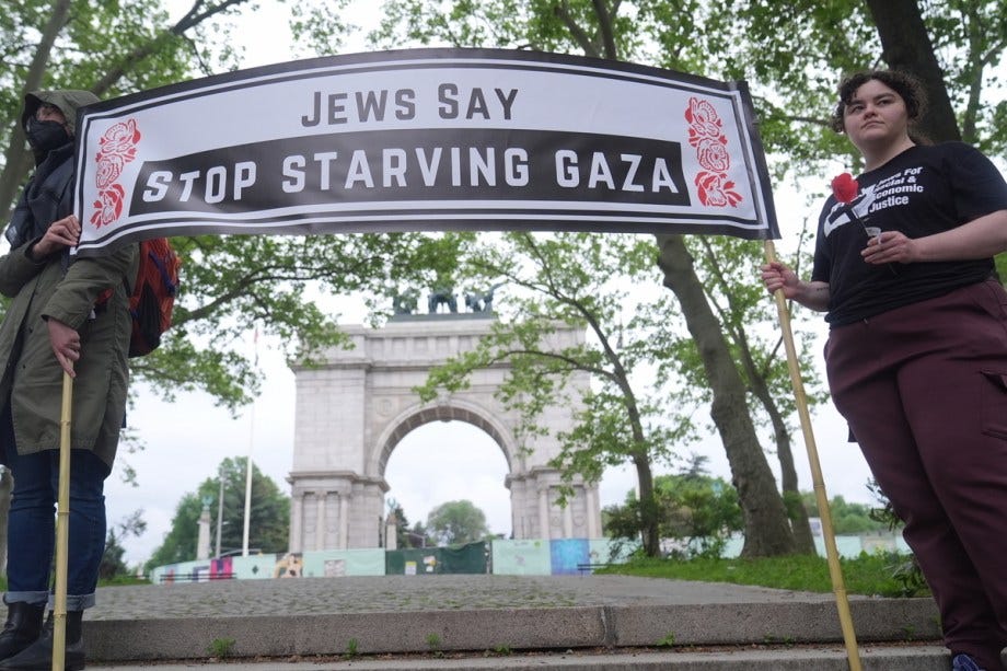 Pro-Palestinian Jewish groups rallied at Grand Army Plaza in Brooklyn to demand an end to the 72-day full blockade of aid to Palestinians in Gaza, forcing residents to starvation, and called "Stop starving Gaza" in New York City, United States on May 13, 2025. [Selçuk Acar - Anadolu Agency]
