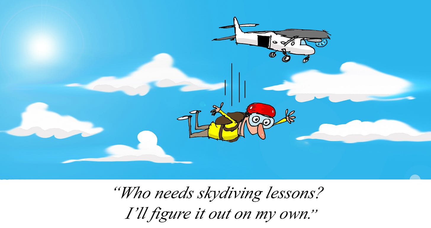 Cartoon of an ESTP (Entrepreneur) man skydiving awkwardly after jumping from a small airplane, arms flailing in the sky, with a caption joking they don’t need lessons and will figure it out on their own.