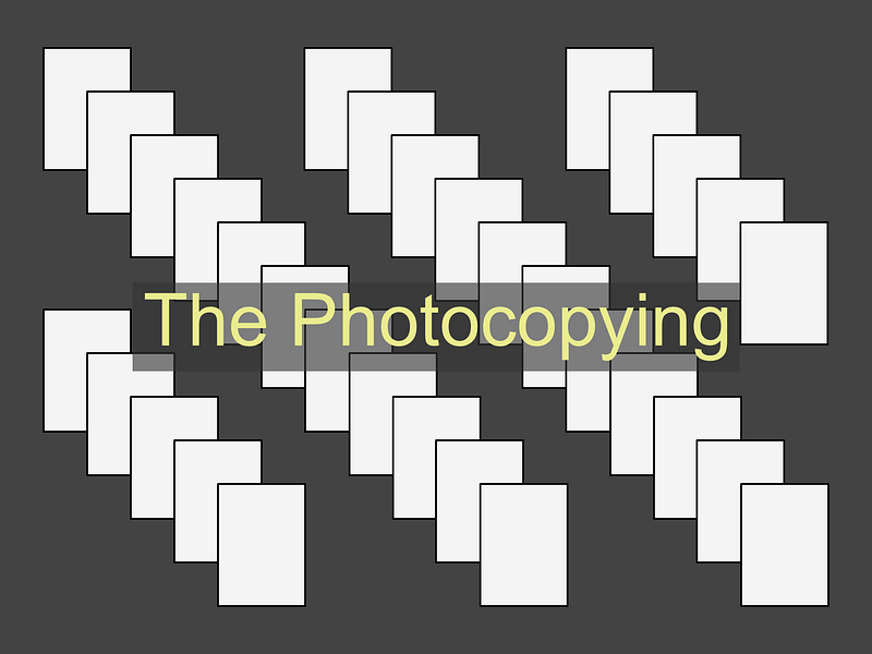 Dark grey background with 32 light grey rectangles arranged in four diagonal lines, to give the effect of pieces of paper stacked on top of each other, partly overlapping. In the centre are the words “The Photocopying”. 