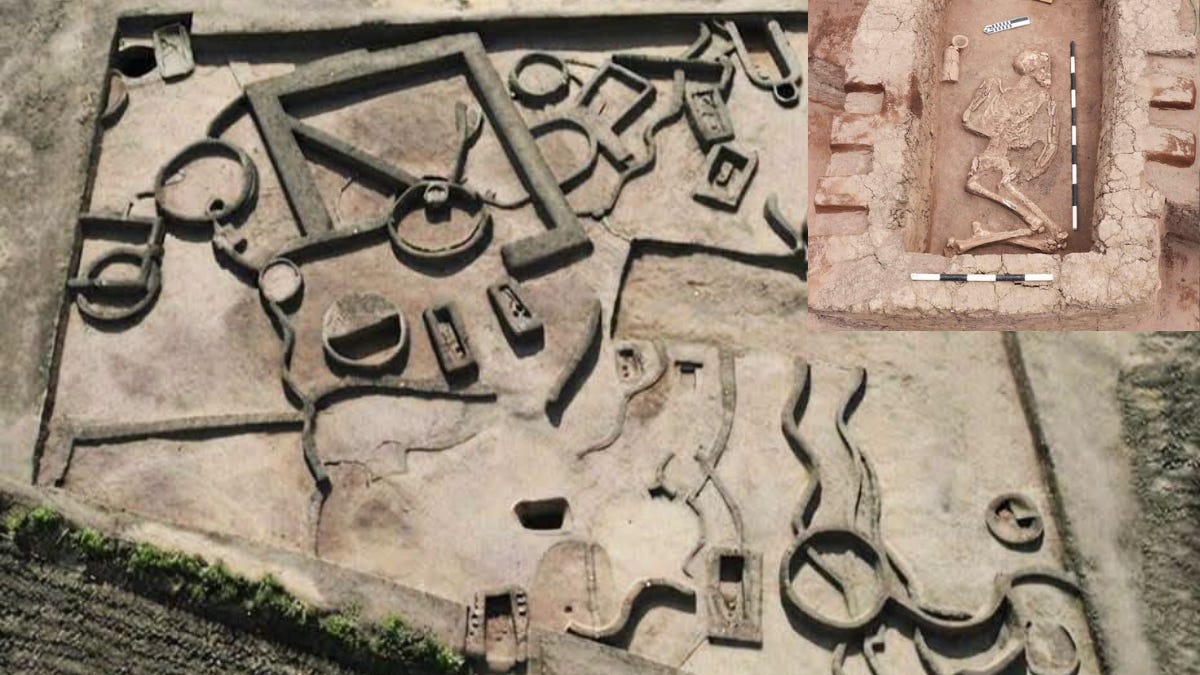 The settlement at Kafr al-Hattaba from above, showing sinusoidal walls and circular silos. Inset, one of the burials. The settlement at Kafr al-Hattaba from above, showing sinusoidal walls and circular silos. Inset, one of the burials.