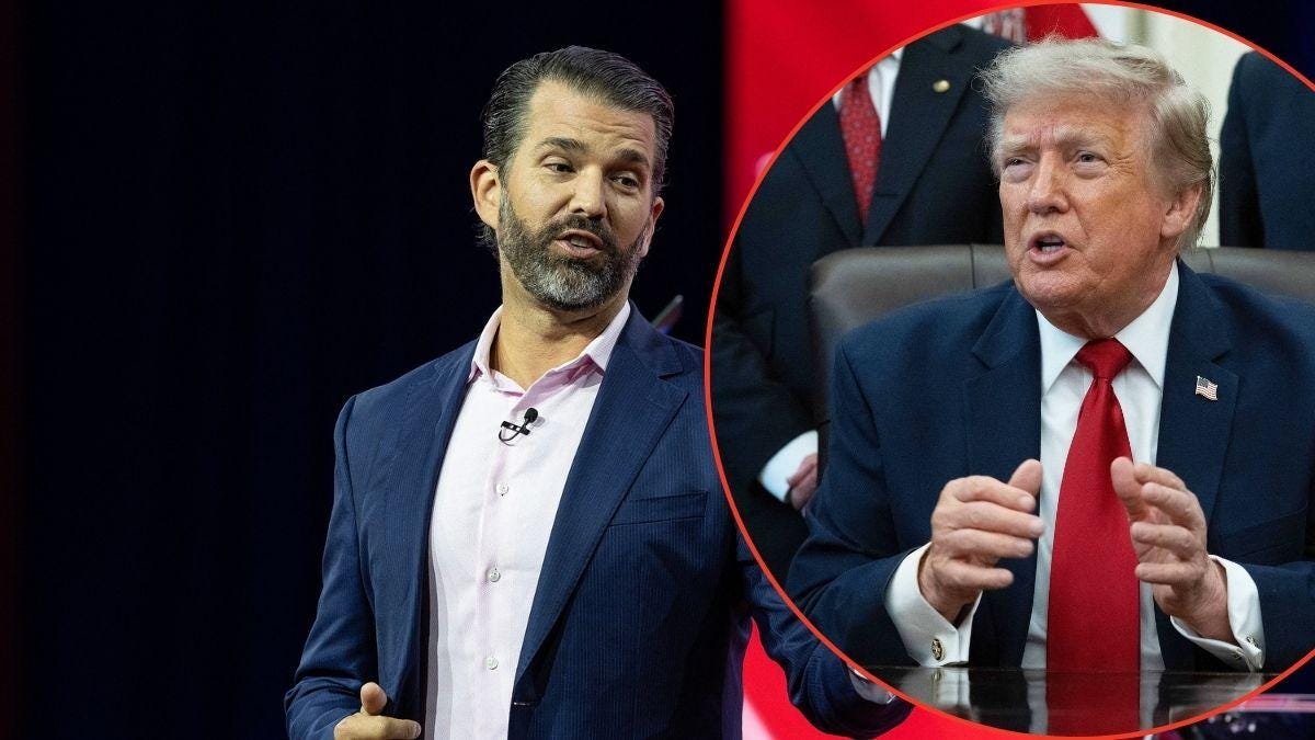 A photo of Donald Trump Jr. alongside a photo of Donald Trump A photo of Donald Trump Jr. alongside a photo of Donald Trump