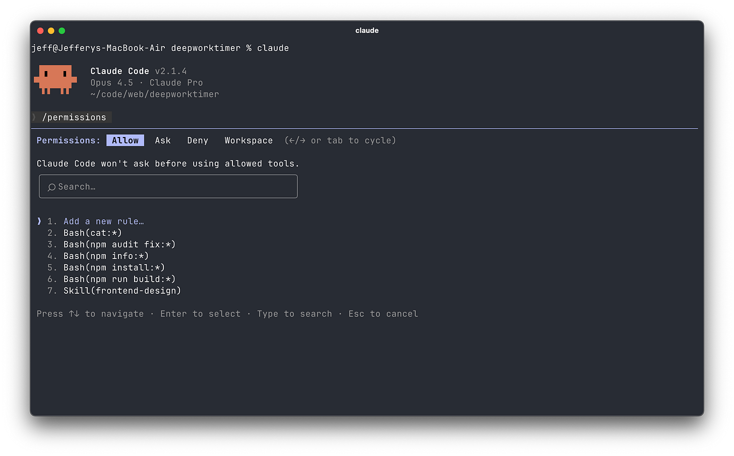 Claude Code's interactive permissions dialog