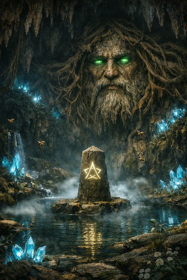 Shrine of the Rozana deep within the mountain, vast cavern glowing with cerulean crystals, vines and roots twisting across stone walls, bees and mist drifting around a crystal pool with a three-pointed star pillar, ancient face emerging from roots above, emerald eyes opening