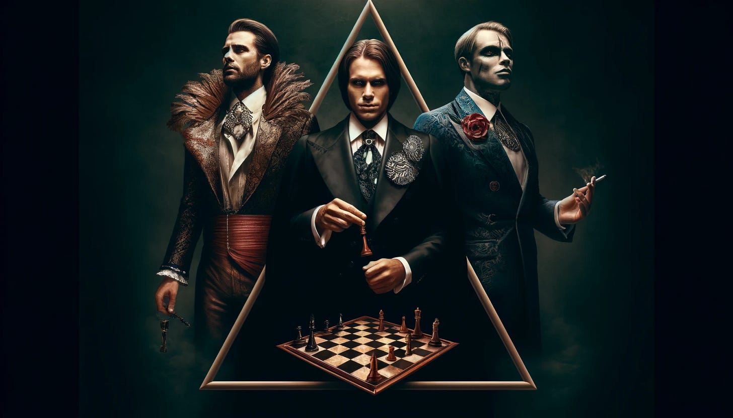 An image representing the Dark Triad of psychology, depicting three interconnected figures. One figure embodies narcissism, standing confidently with a proud and arrogant expression, wearing luxurious clothing. Another figure represents Machiavellianism, with a cunning and calculating look, holding a chess piece and dressed in a formal, strategic attire. The third figure symbolizes psychopathy, with a cold and emotionless face, dressed in dark, intimidating clothing. The background is dark and moody, with shadows intertwining around the figures, highlighting the sinister nature of these traits. The three figures are positioned in a triangular formation, suggesting their interrelatedness. An image representing the Dark Triad of psychology, depicting three interconnected figures. One figure embodies narcissism, standing confidently with a proud and arrogant expression, wearing luxurious clothing. Another figure represents Machiavellianism, with a cunning and calculating look, holding a chess piece and dressed in a formal, strategic attire. The third figure symbolizes psychopathy, with a cold and emotionless face, dressed in dark, intimidating clothing. The background is dark and moody, with shadows intertwining around the figures, highlighting the sinister nature of these traits. The three figures are positioned in a triangular formation, suggesting their interrelatedness.