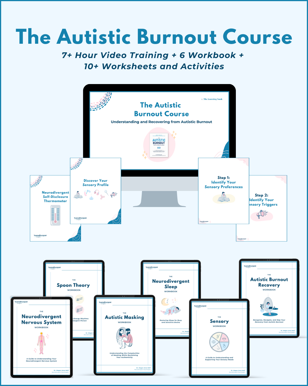 Promotional graphic for The Autistic Burnout Course. At the top, the title reads: “The Autistic Burnout Course – 7+ Hour Video Training + 6 Workbook + 10+ Worksheets and Activities.” The center shows a computer screen displaying the course title and cover. Surrounding it are workbook and worksheet covers, including: Neurodivergent Self-Disclosure Thermometer, Discover Your Sensory Profile, Step 1: Identify Your Sensory Preferences, Step 2: Identify Your Sensory Triggers, The Spoon Theory Workbook, The Neurodivergent Nervous System Workbook, The Autistic Masking Workbook, Neurodivergent Sleep Workbook, The Sensory Workbook, and The Autistic Burnout Recovery Workbook. The overall design is clean and modern with light blue and white backgrounds and illustrated icons.