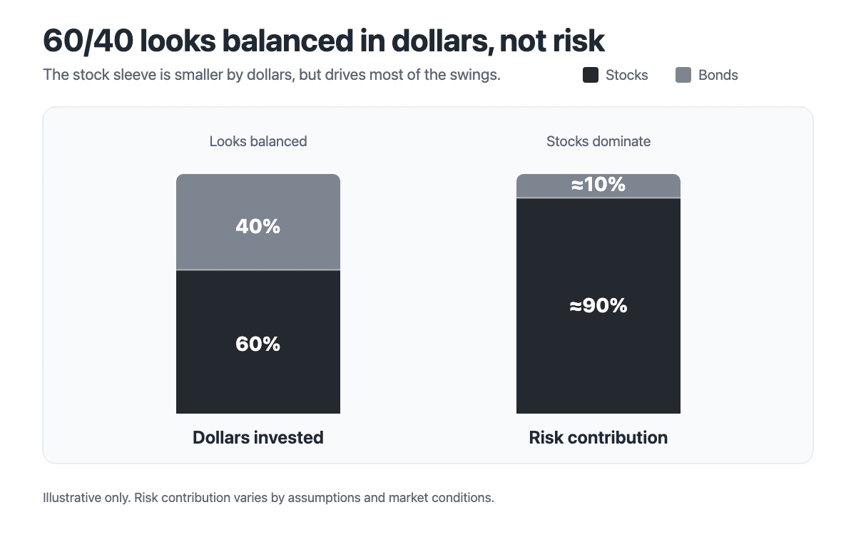 Chart comparing a 60/40 portfolio by dollars invested with estimated risk contribution, showing stocks as 60% of dollars but roughly 90% of total portfolio risk.