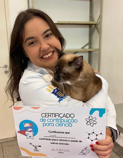 Pesquisadora, usando jaleco branco, segura no colo um gato siamês enquanto apresenta um certificado de contribuição para a ciência. O documento agradece a participação do animal na pesquisa e destaca sua contribuição para a ciência e a saúde de outros animais. Pesquisadora, usando jaleco branco, segura no colo um gato siamês enquanto apresenta um certificado de contribuição para a ciência. O documento agradece a participação do animal na pesquisa e destaca sua contribuição para a ciência e a saúde de outros animais.