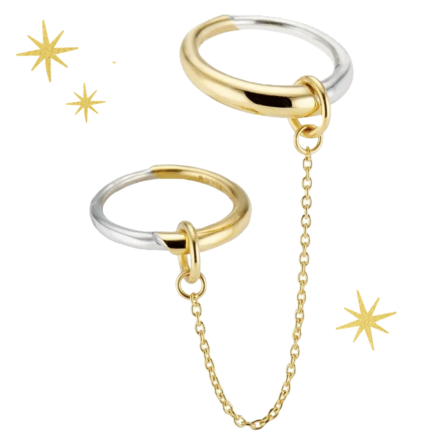 Gold vermeil and silver rings connected by a chain