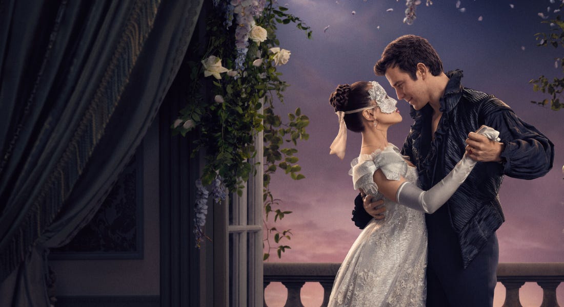 A man and a woman dancing on a balcony, with a night sky behind them and a curtain to the left of them A man and a woman dancing on a balcony, with a night sky behind them and a curtain to the left of them