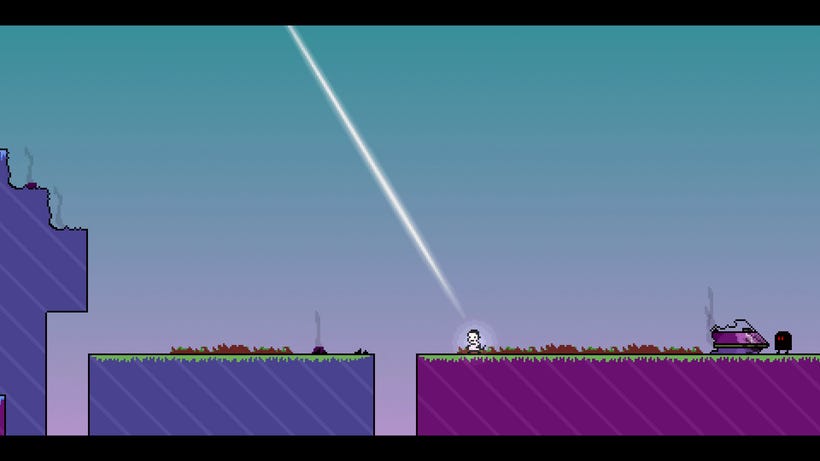 An 8-bit critter stands on a 2D platformer as a white beam of light shines on them. An 8-bit critter stands on a 2D platformer as a white beam of light shines on them.