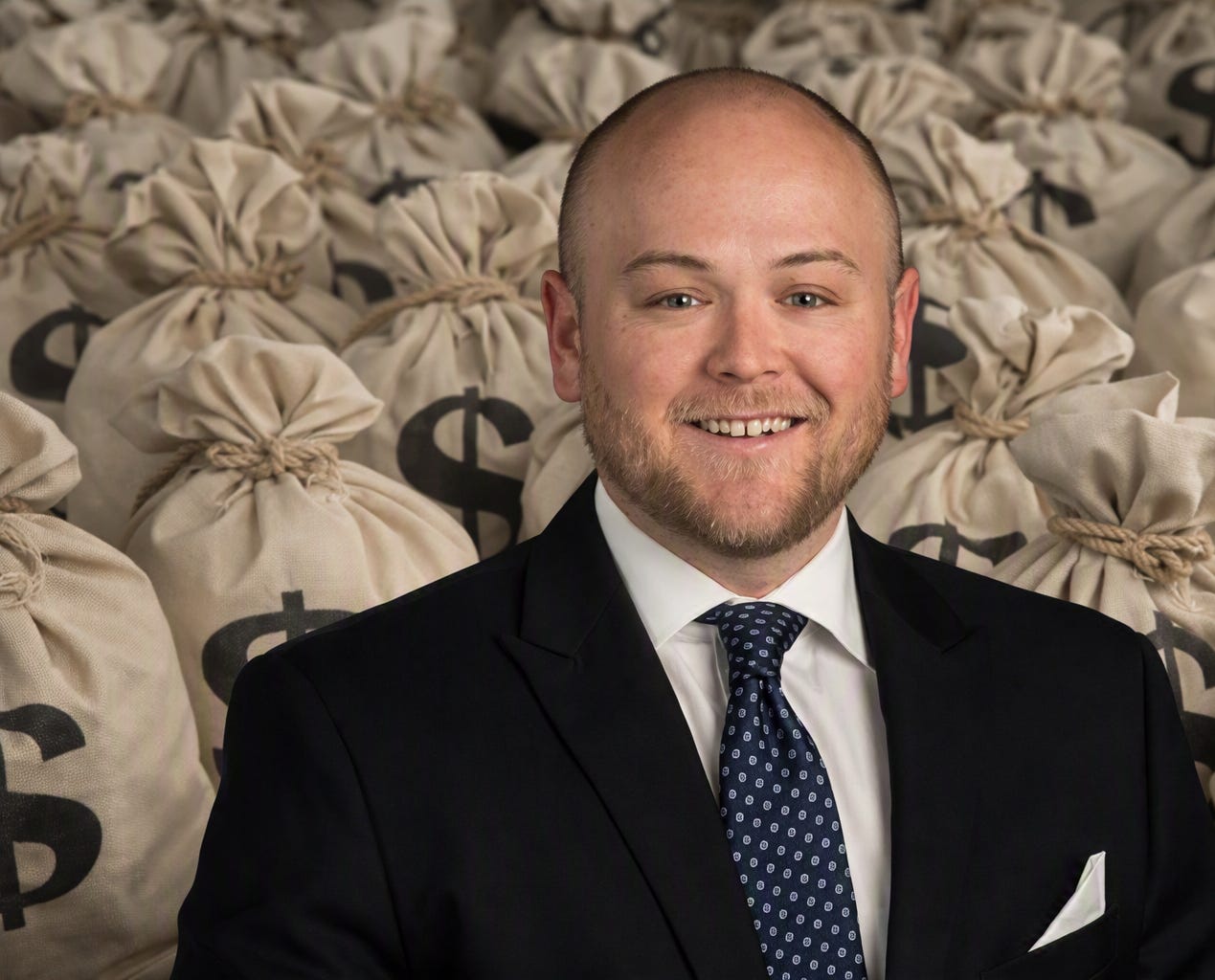 Horizontal portrait with money bags background