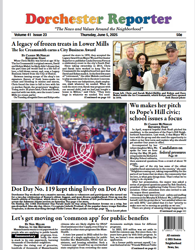 Front page of June 5, 2025 Dorchester reporter. This appears on the bottom of the front page, byline, "By Neil Miller, Special to the Reporter"