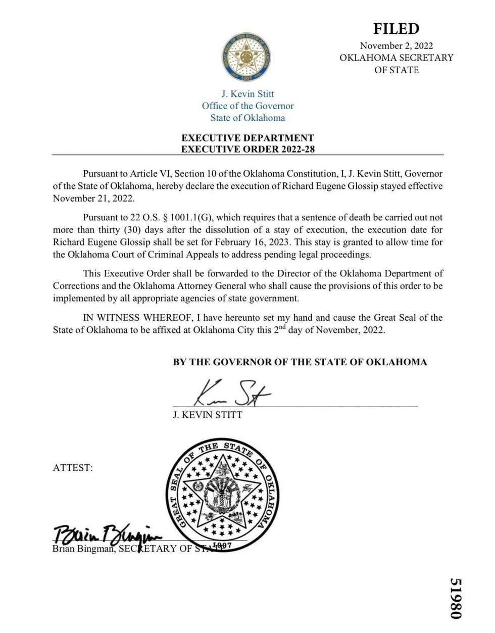 Executive order from Governor Kevin Stitt granting a stay of execution to Richard Glossip Executive order from Governor Kevin Stitt granting a stay of execution to Richard Glossip