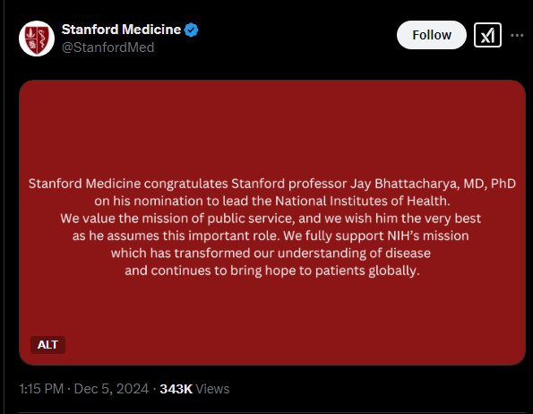 Stanford Medicine congratulates Stanford professor Jay Bhattacharya, MD, PhD on his nomination to lead the National Institutes of Health. We value the mission of public service, and we wish him the very best as he assumes this important role.  We fully support NIH’s mission which has transformed our understanding of disease and continues to bring hope to patients globally.