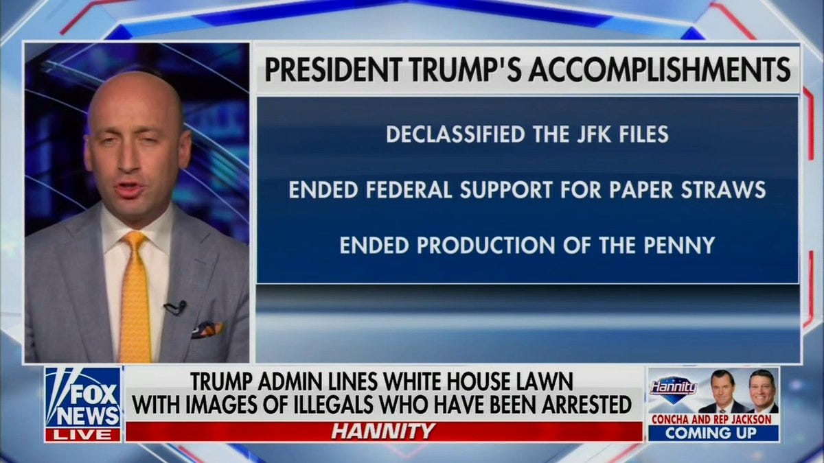 May be a Twitter screenshot of 3 people, newspaper, the Oval Office and text that says 'PRESIDENT TRUMP'S ACCOMPLISHMENTS DECLASSIFIED HE JFK FILES ENDED FEDERAL SUPPORT FOR PAPER STRAWS ENDED PRODUCTION OF THE PENNY VFOX FOX TRUMP ADMIN LINES WHITE HOUSE LAWN NEWS WITH IMAGES OF ILLEGALS WHO HAVE BEEN ARRESTED LIVE HANNITY Hannity CONCHA AND REP JACKSON COMING UP'