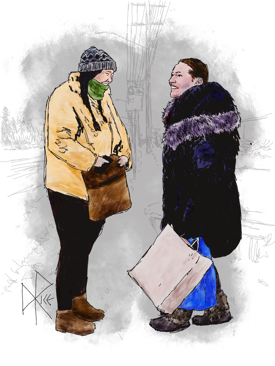 In winter, two laughing women have a good conversation as they wait at a bus stop. Sketch art by Don Rice. In winter, two laughing women have a good conversation as they wait at a bus stop. Sketch art by Don Rice.