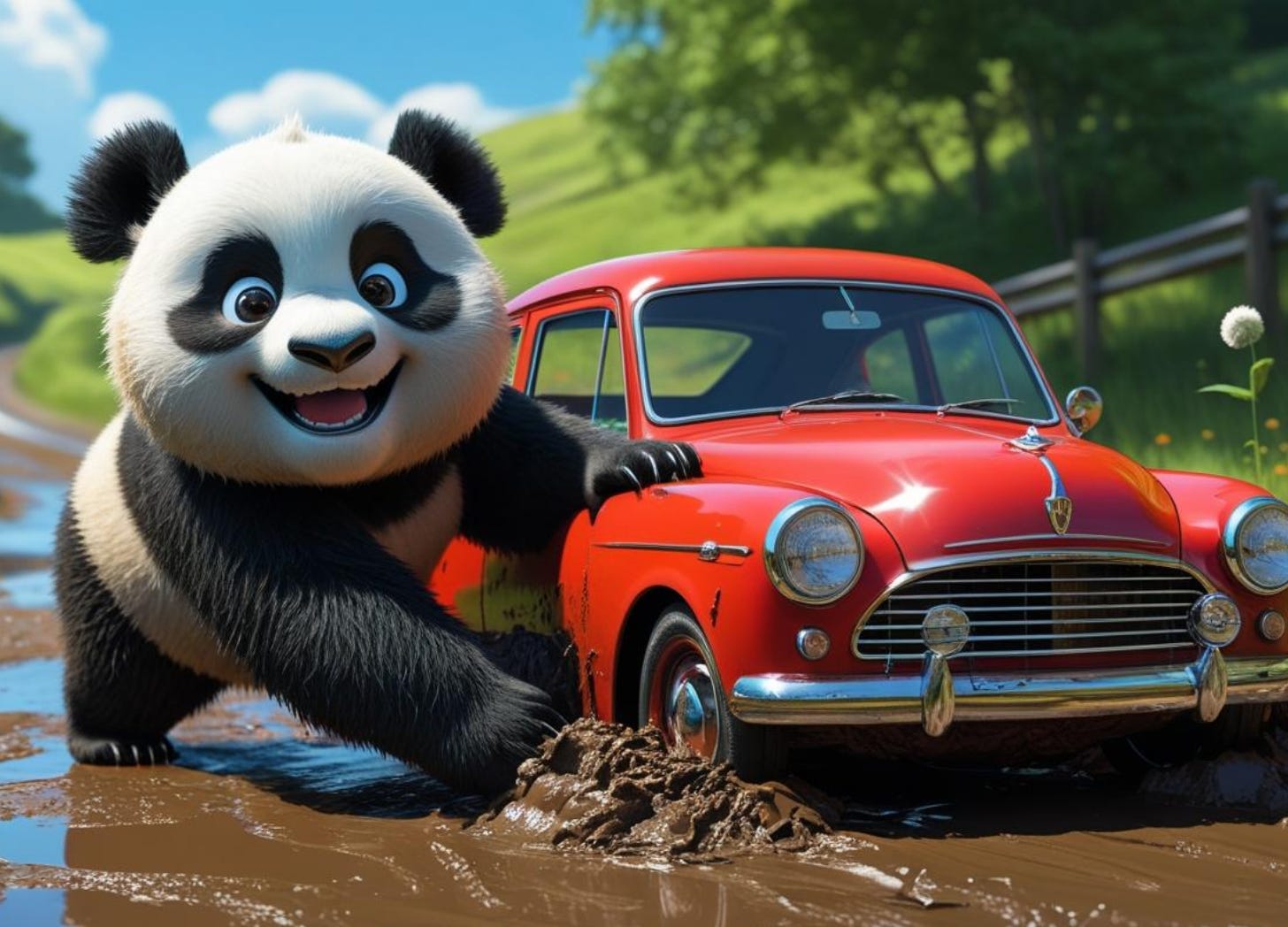 illustration of a happy cartoon panda pushing a car out of the mud on the side of a road in the  countryside