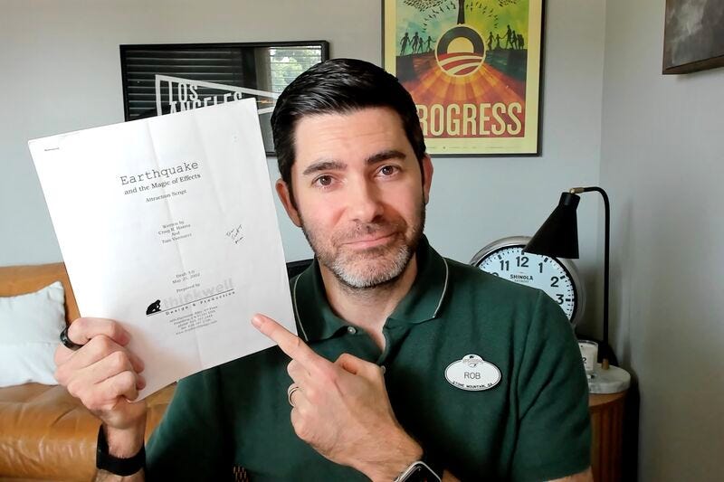 A photo of me with my original script from that theme park show, along with my name tag which I've kept after all these years. A photo of me with my original script from that theme park show, along with my name tag which I've kept after all these years.