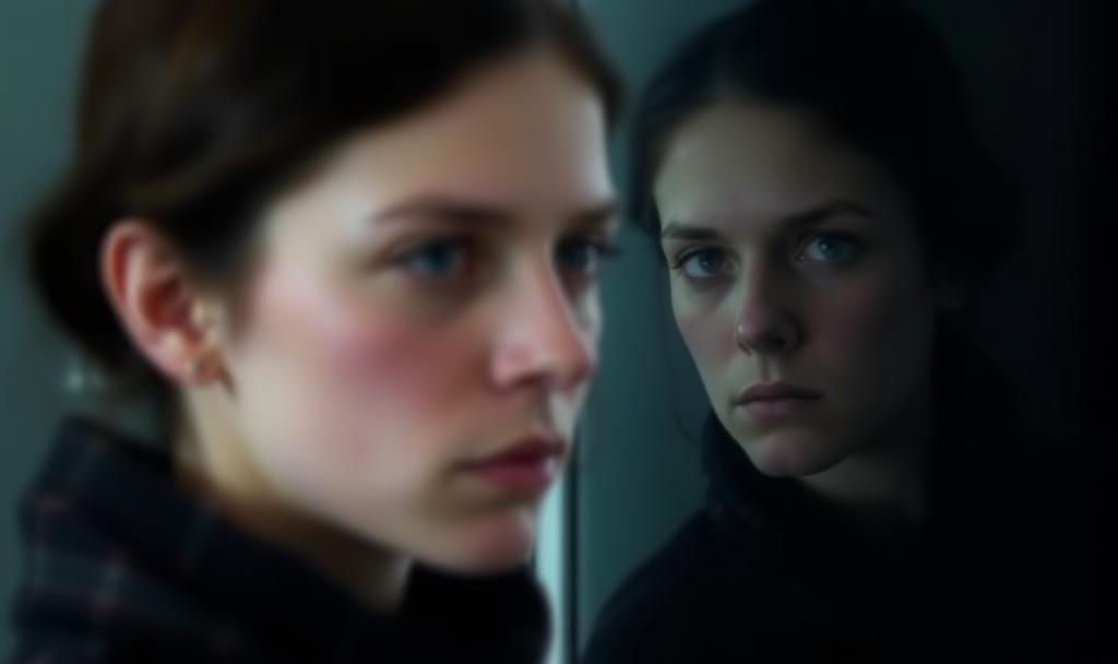 A woman gazes into a mirror. Her face in the foreground is blurred and distant, while her reflection is sharp, clear, and serious. The contrast highlights an internal tension — between how we appear to the world and what we see in ourselves. The lighting is muted, creating a somber, introspective mood. A woman gazes into a mirror. Her face in the foreground is blurred and distant, while her reflection is sharp, clear, and serious. The contrast highlights an internal tension — between how we appear to the world and what we see in ourselves. The lighting is muted, creating a somber, introspective mood.