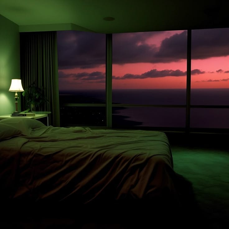 This may contain: a bed sitting in a bedroom next to a large window