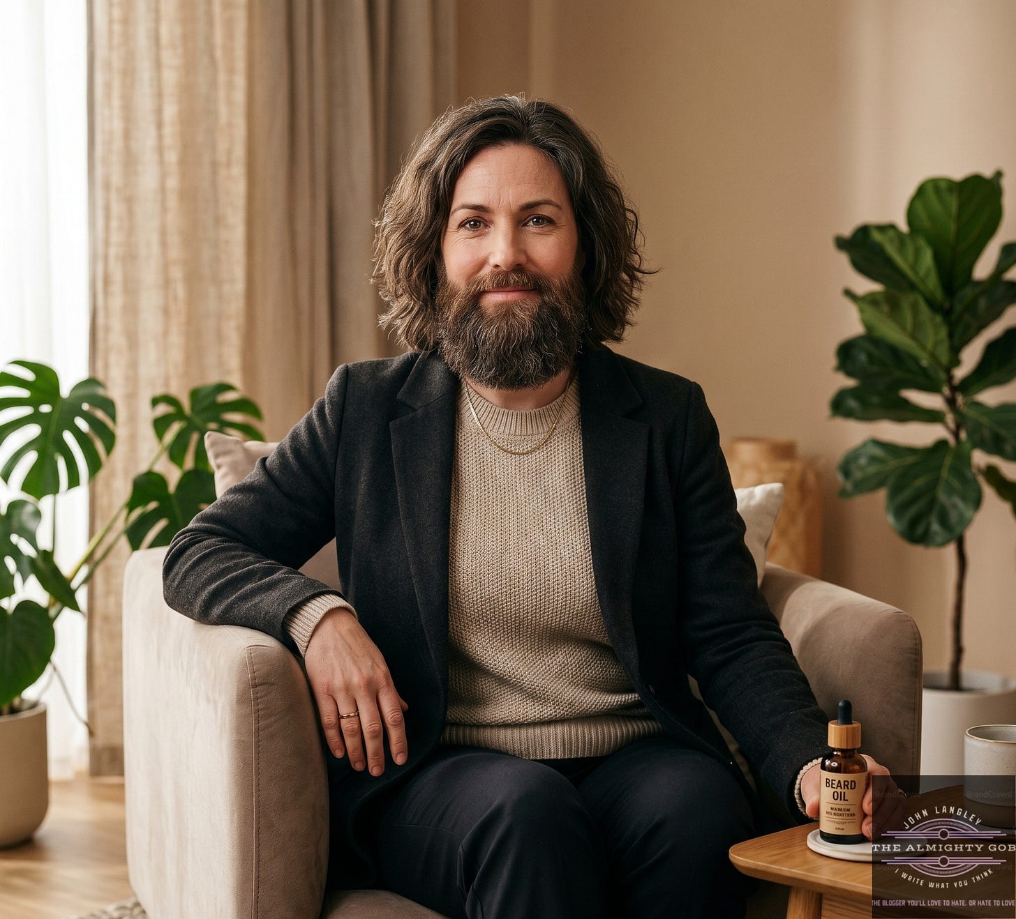 A confident woman with a full, well-groomed beard sits relaxed in an armchair, holding a bottle of beard oil, looking directly at the camera with a calm and assured expression.