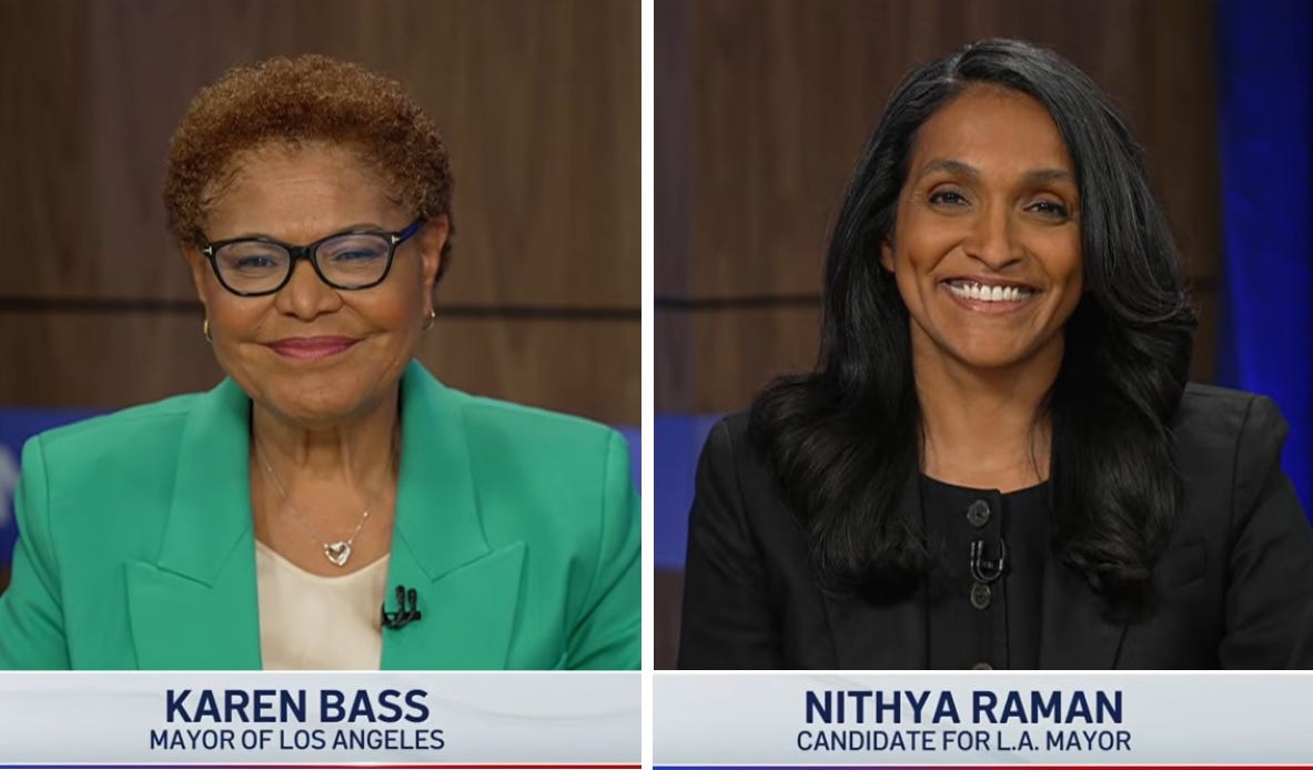 Side-by-side screenshots of Los Angeles Mayor Karen Bass and LA City Council Member Nithya Raman, both smiling in the opening moments of the debate