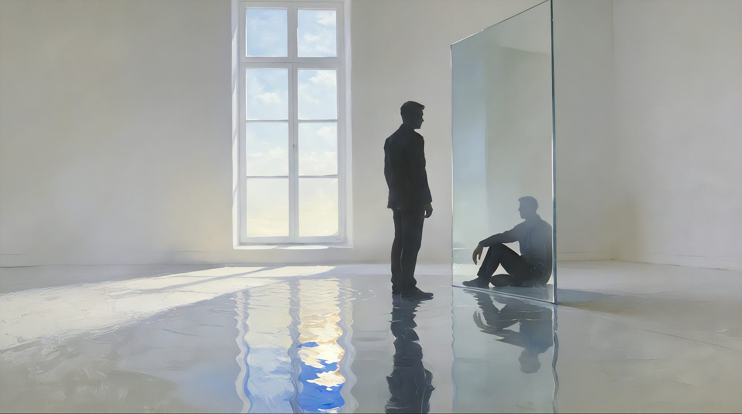 A dark silhouette of a man stands upright in a shaft of pale morning light, facing a tall glass pane. In the pane his reflection sits low on the floor instead of standing, spine straight and composed. The whole floor is a skin of still water holding the bright sky. Soft, pale, oil-painted. A dark silhouette of a man stands upright in a shaft of pale morning light, facing a tall glass pane. In the pane his reflection sits low on the floor instead of standing, spine straight and composed. The whole floor is a skin of still water holding the bright sky. Soft, pale, oil-painted.