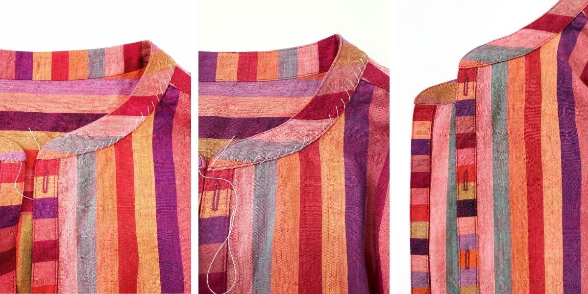 Tutorial showing how to use a slip stitch to finish a neckline by hand on a striped top.