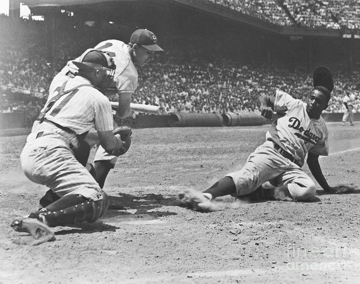 Two black & white photos of Jackie Robinson sliding into home plate during a Brooklyn Dodgers baseball game