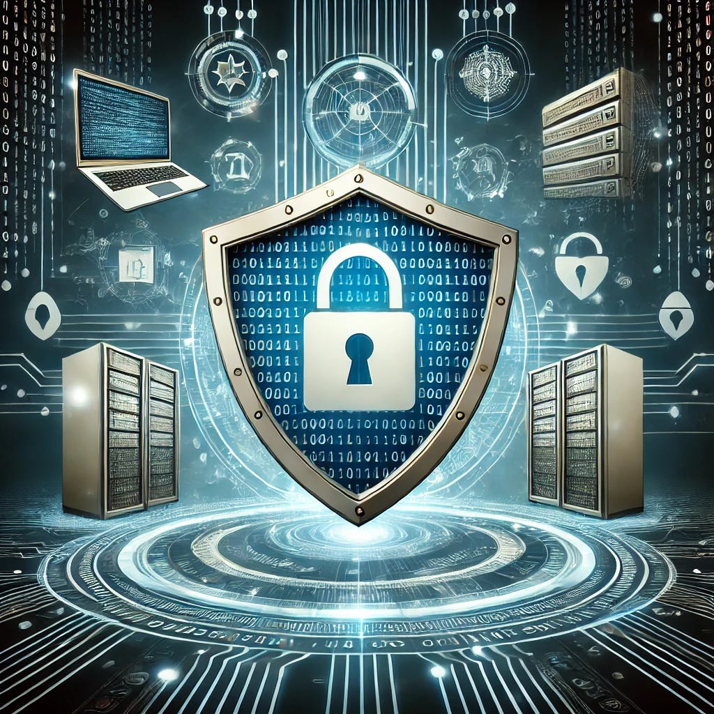 A symbolic representation of data protection. The image features a shield with a lock in the center, surrounded by binary code and data streams. Behind the shield, there are digital devices like laptops, smartphones, and servers, symbolizing the different sources of data. The background includes a network of interconnected lines representing data flow and cybersecurity. The overall atmosphere is secure and futuristic, highlighting the importance of protecting data in the digital age.
