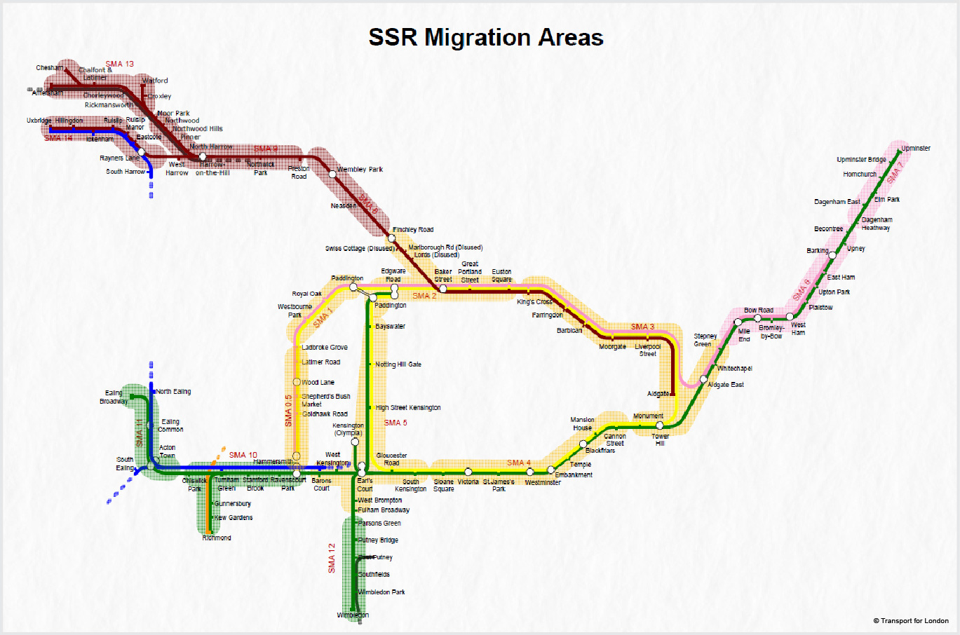 Map showing various signal migration areas on sub surface railway. Map showing various signal migration areas on sub surface railway.