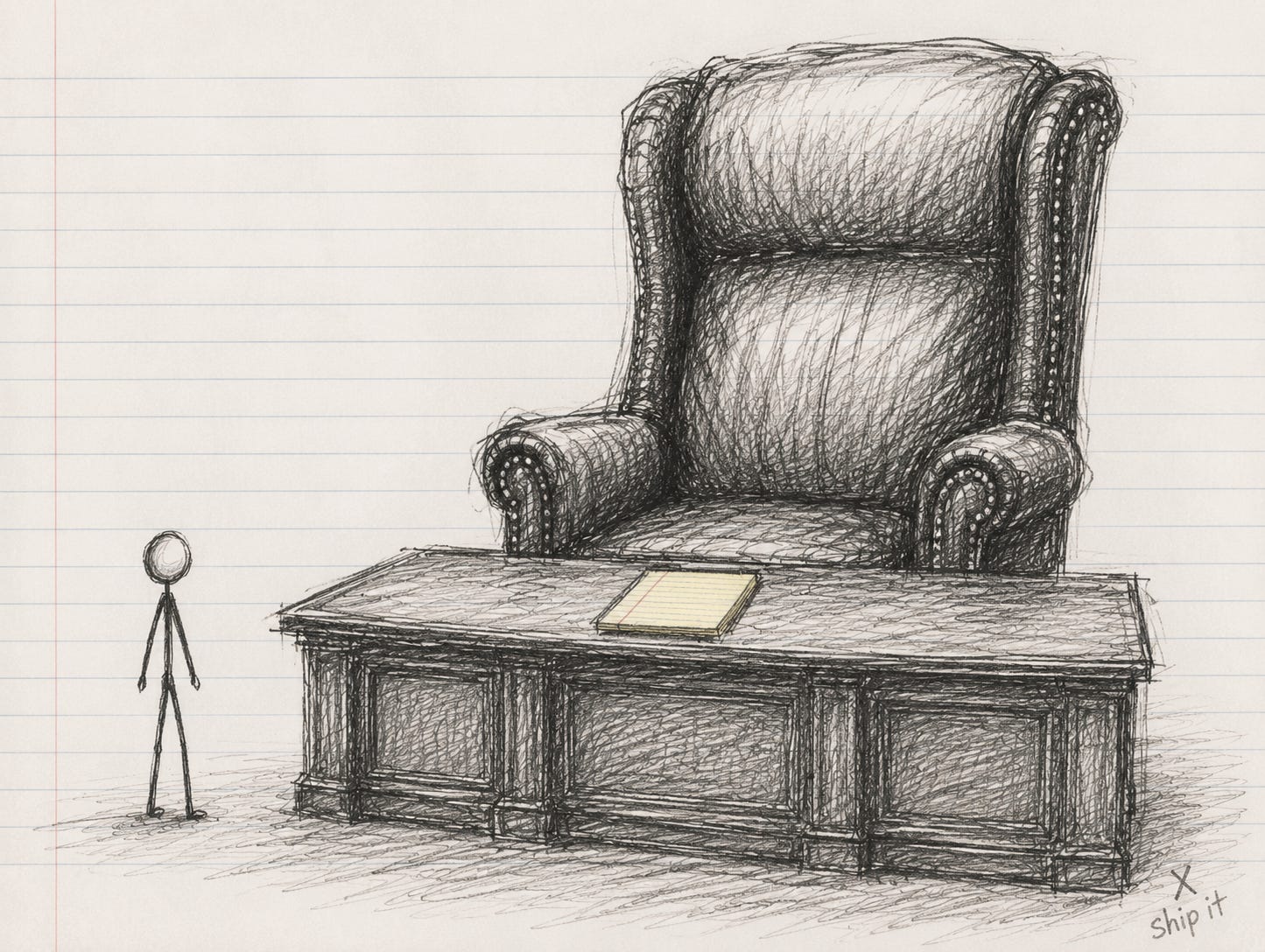Small stick figure standing before an oversized executive desk and chair with a yellow legal pad, symbolizing the feeling of stepping into a role that seems larger than yourself.