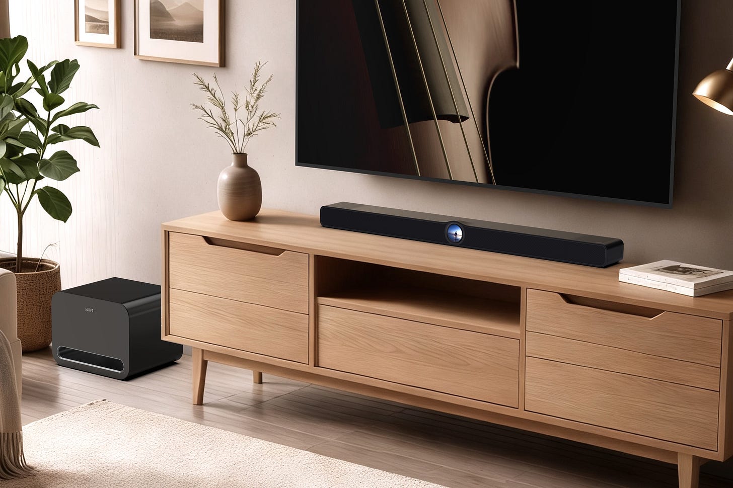 Wiim Bar and Wiim Sub Pro in living room with TV