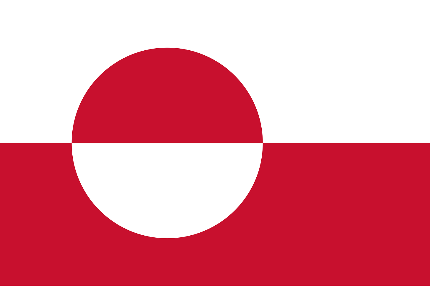 flag of Greenland; a white stripe over a red stripe, in the middle set off to the left is a large circle which is white in the red part of the flag and red in teh white part of the flag