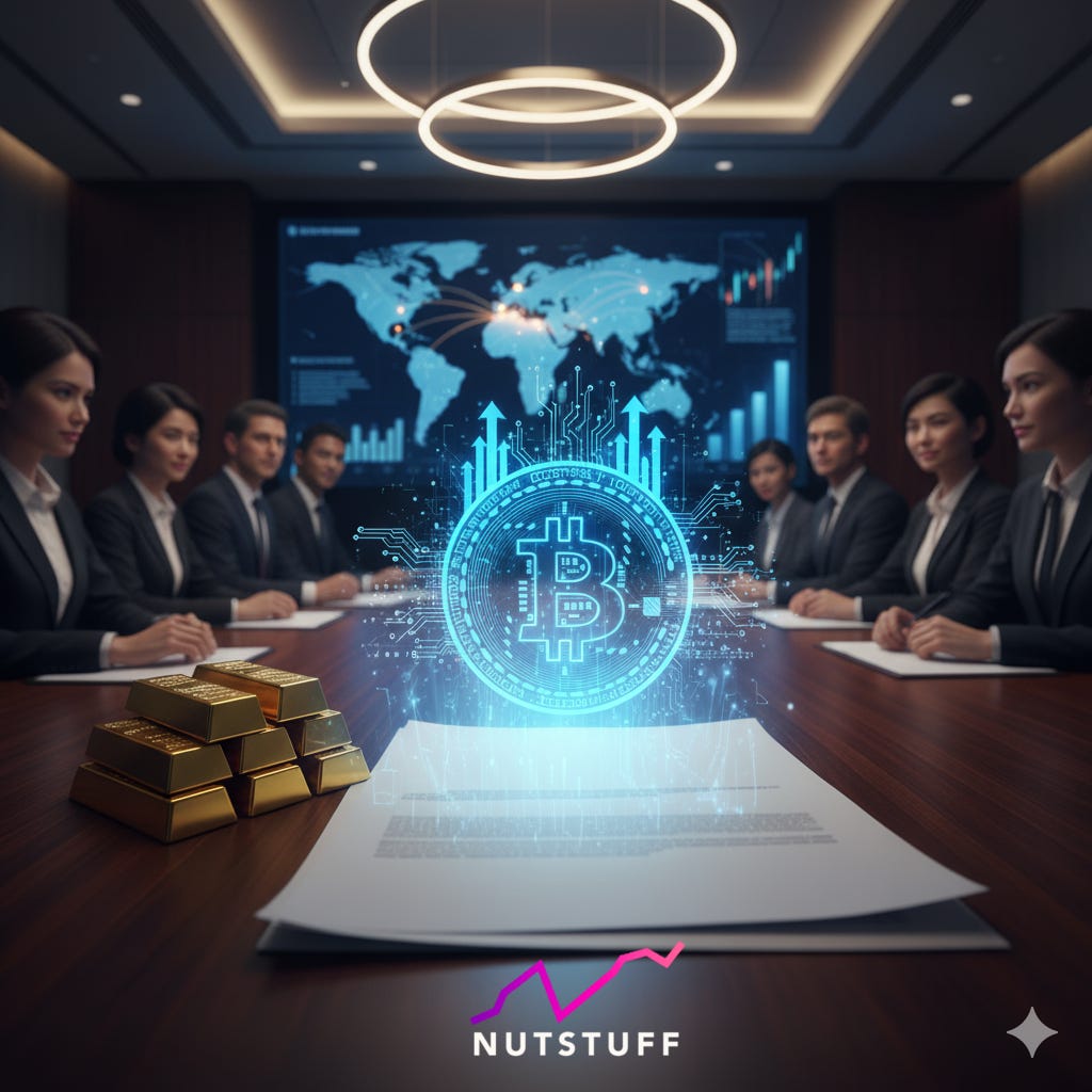  A group of professionals seated at a conference table, with a bitcoin coin displayed in front of them.