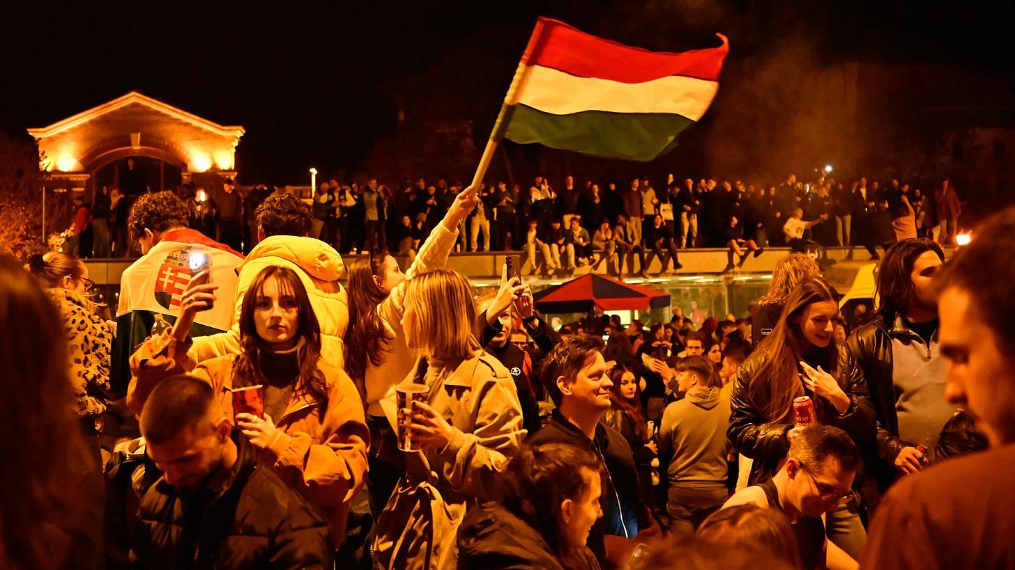 Young people celebrating in Budapest after Peter Magyar's Tisza party won Hungary's parliamentary elections. Young people celebrating in Budapest after Peter Magyar's Tisza party won Hungary's parliamentary elections.