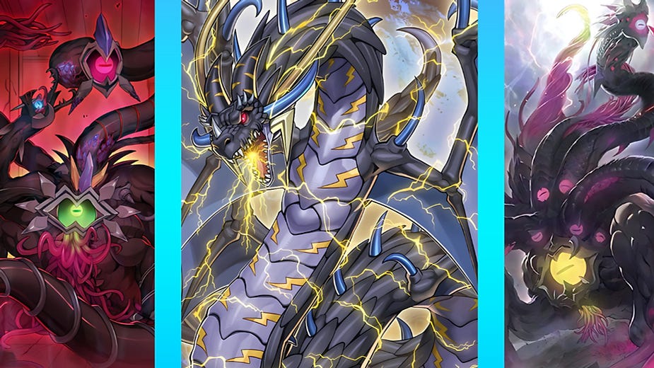 Three panels: left and right feature dark, tentacled creatures with glowing hearts; center shows a fierce dragon with lightning energy.