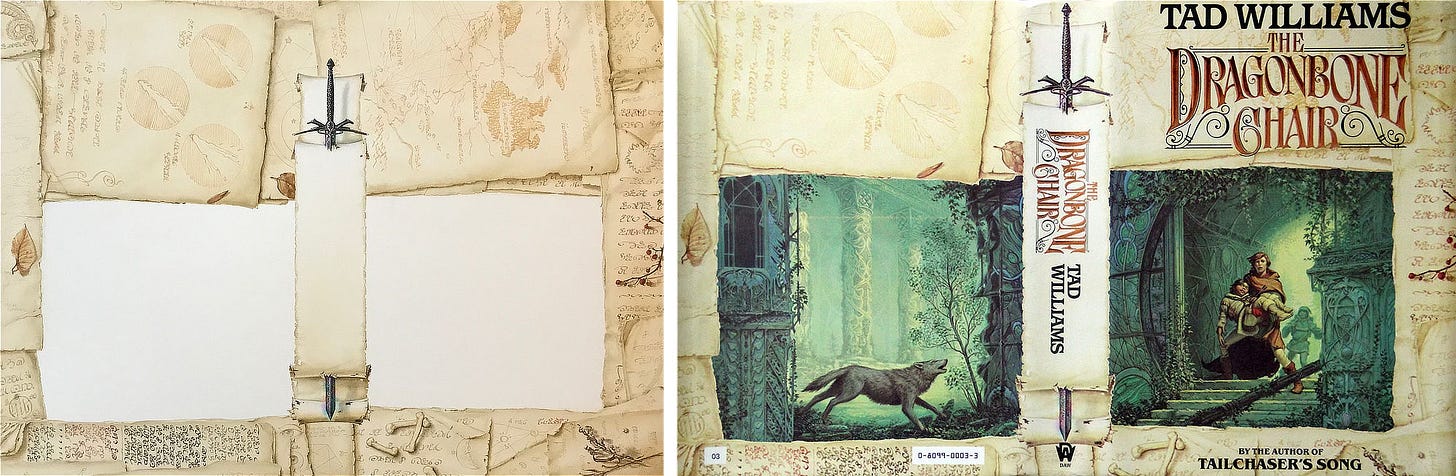 LEFT: Original jacket illustration depicting a collage of maps that leave an opening on the front and back cover for the illustration to show through, but it is white here. The spine has a sword with a unique hilt that forms a 5 pointed star with the handle. RIGHT: Published dustjacket.