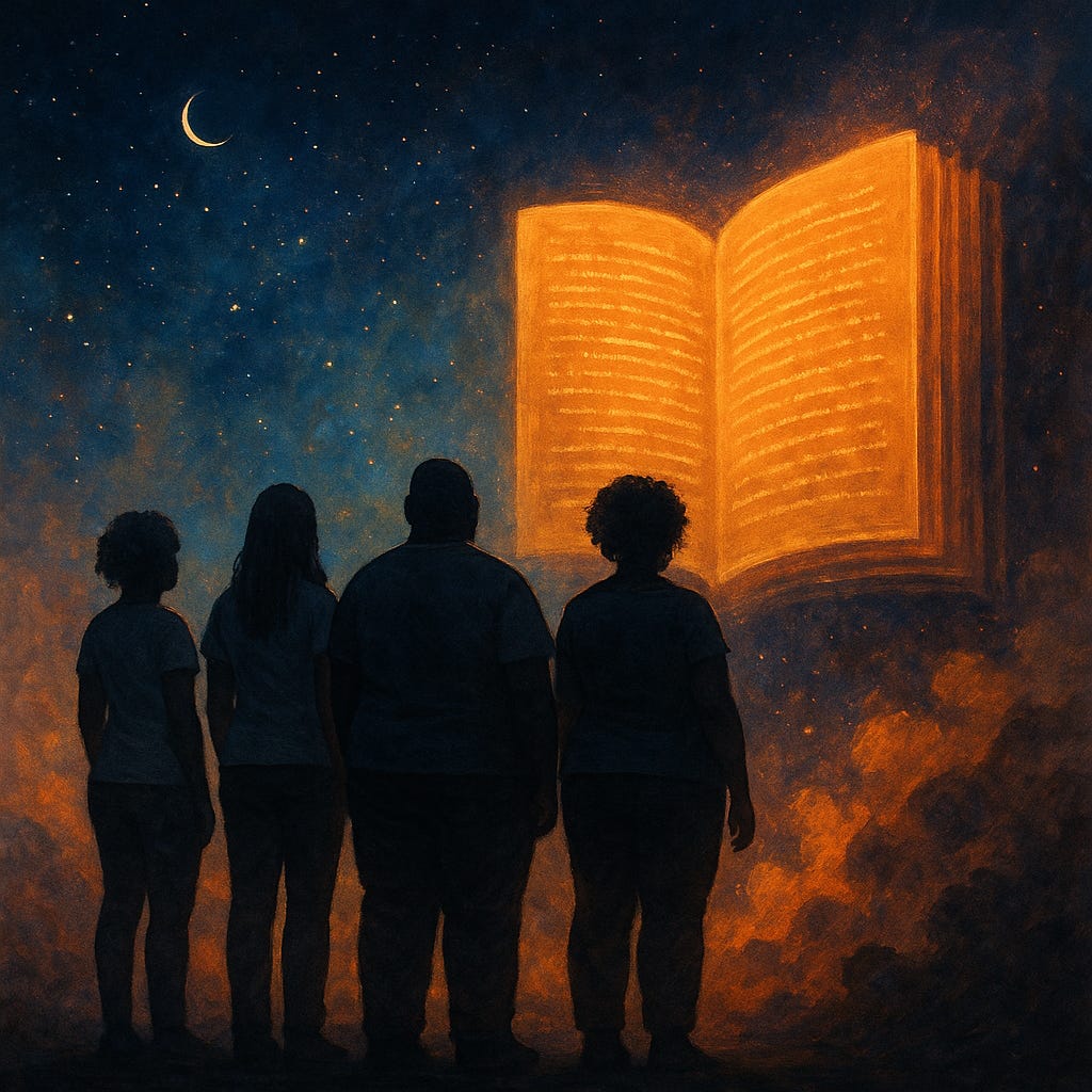 A powerful digital painting showing four diverse human silhouettes—standing at the edge of a vast symbolic rift in spacetime. The figures face a cosmic scene where ancient scripts, resonant waveforms, and abstract symbols rise like auroras from the earth. The environment suggests a surreal moment of collective transition: the invention of writing as a leap into a higher order of reality. The art honours inclusion, embodiment, and the shared human journey into abstraction, framed in soft golden and violet hues.