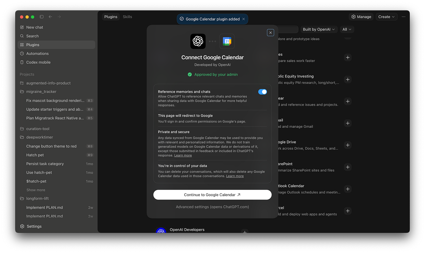 Google calendar in Codex permission prompt Google calendar in Codex permission prompt