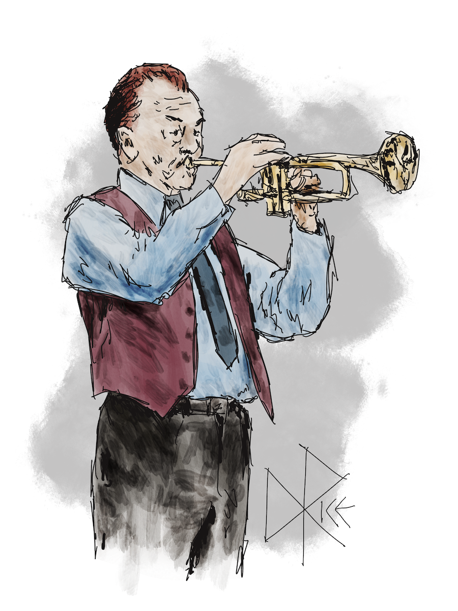An older man stands with his trumpet to his lips, playing as part of a public jazz performance. Sketch art by Don Rice.