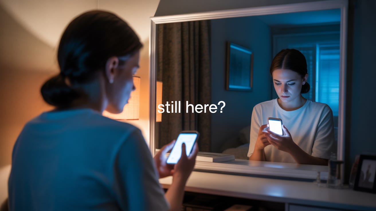 Person reading on phone with mirror behind showing infinite regression of the same image, text overlay reading "still here?" suggesting continued engagement despite awareness