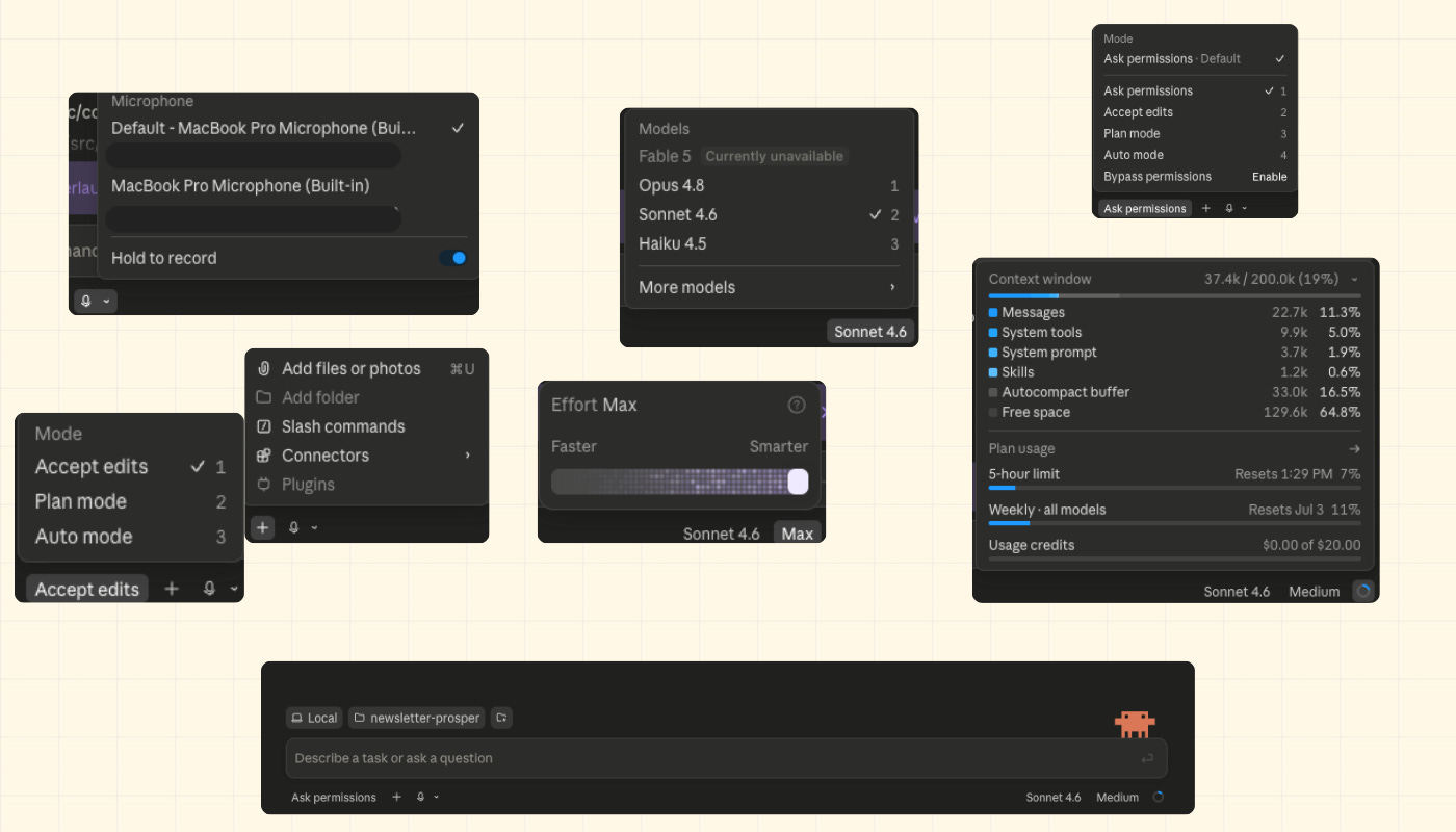 Collage of Claude Code desktop UI elements on Prosper backdrop, model selector, effort toggle, permissions mode, token usage, chat bar, mic icon, folder selector