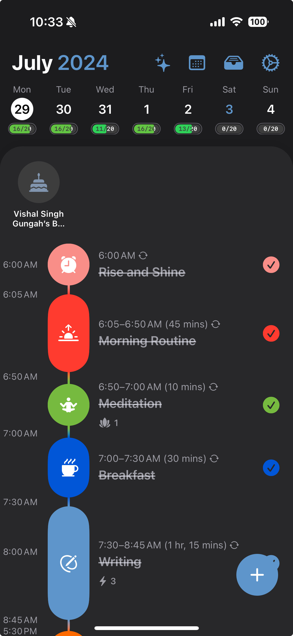 A screenshot of Structured showing a schedule for Monday, July 29, 2024. The timeline includes activities such as Rise and Shine at 6:00 AM, Morning Routine, Meditation, Breakfast, and Writing. Each task has an associated time and completion status.