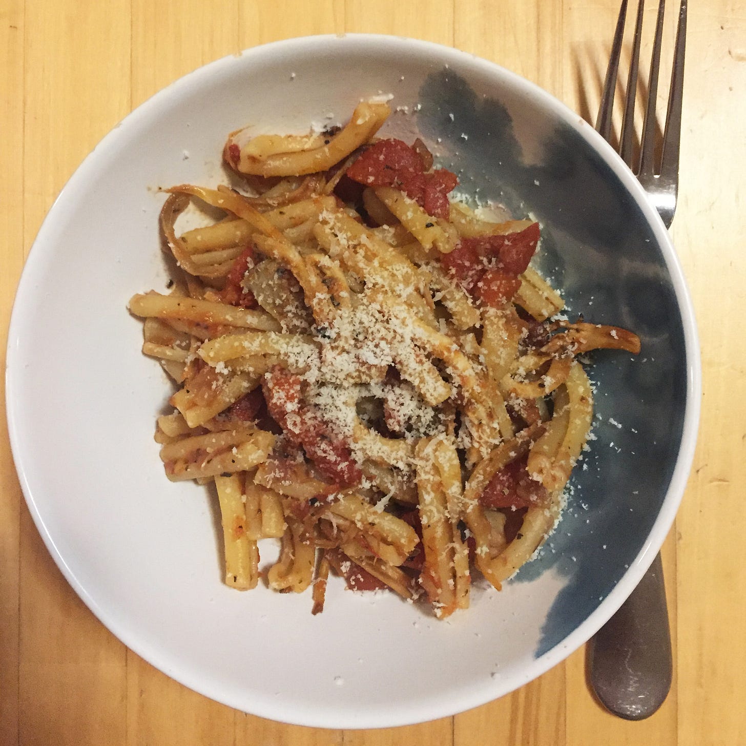 a white bowl of casarecce in a chunky tomato sauce with oyster mushrooms, sprinkled with parmesan.