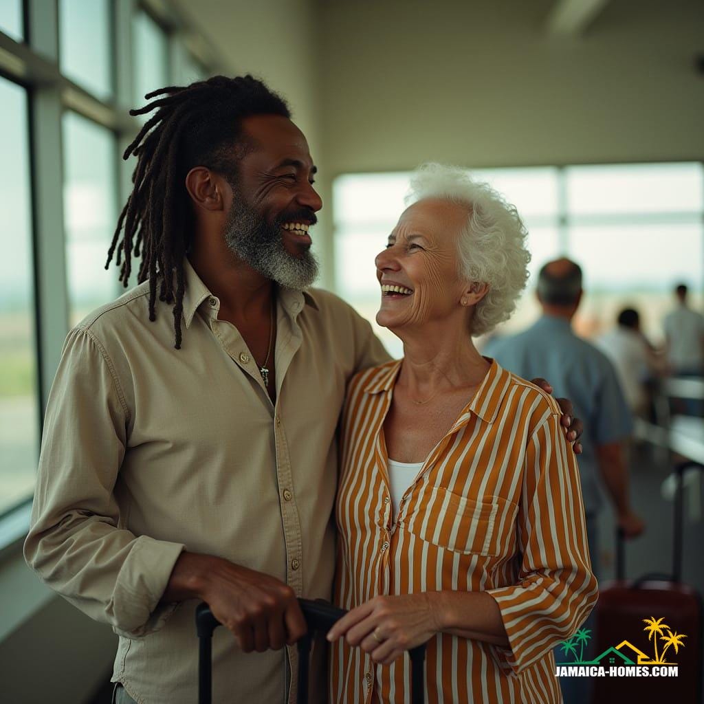 Couple arriving in Jamaica, capturing the joy and emotion of coming home.