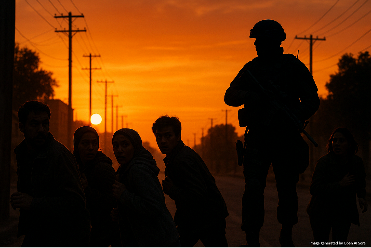 Picture of an armed man, silhouetted at sunset, terrifying a group of civilians on a city street.