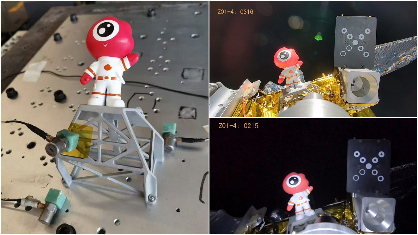 A mascot from Weibo during development and onboard Xiyuan-0 as seen by a camera on the end of the robotic arm. A mascot from Weibo during development and onboard Xiyuan-0 as seen by a camera on the end of the robotic arm.