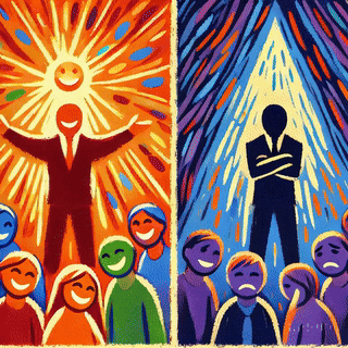 An illustration contrasting two leadership styles: on the left, a vibrant and approachable leader surrounded by happy followers; on the right, a stern leader with an imposing presence standing apart from disappointed individuals.